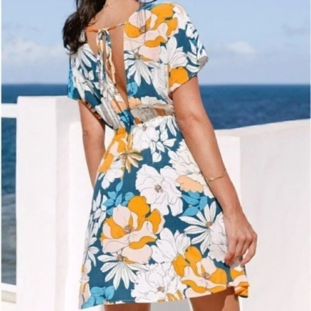 NWT Floral Print Bathing Suit Coverup Mini Dress Size XS Blue White Yellow - Picture 2 of 7